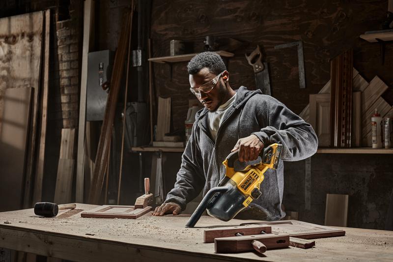 Une personne utilise un aspirateur portable DEWALT modèle DCV501HB pour nettoyer la sciure sur un établi dans un atelier de menuiserie. Divers outils et pièces de bois sont visibles sur la table et les étagères en arrière-plan.