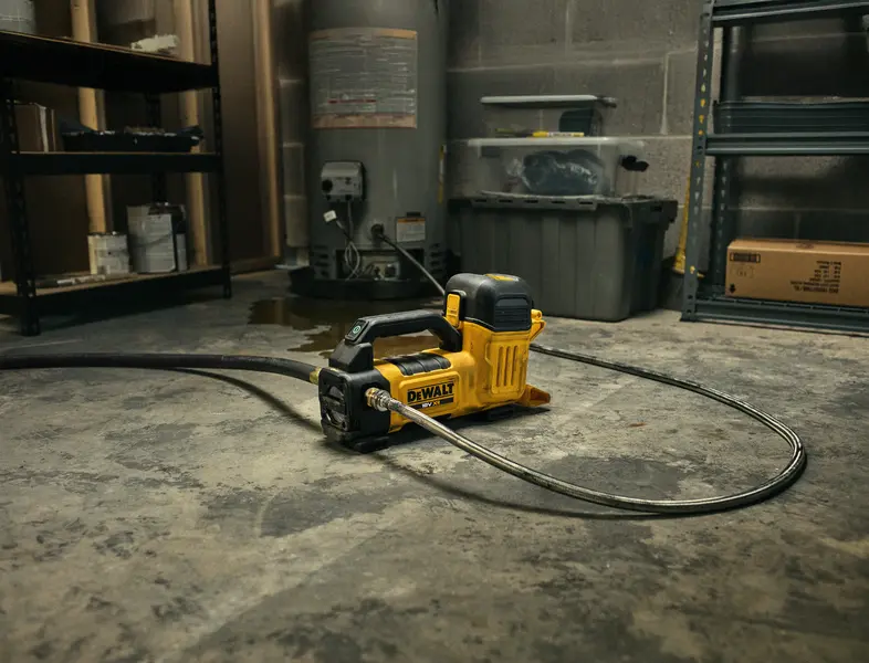 DEWALT DCE050N fotografie tool op vloeren van werkplaats, met slang, in omgeving van rekken.